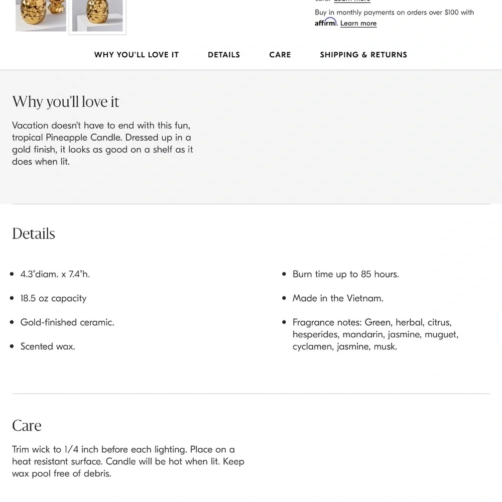 NEW WEST ELM Gold pineapple candle